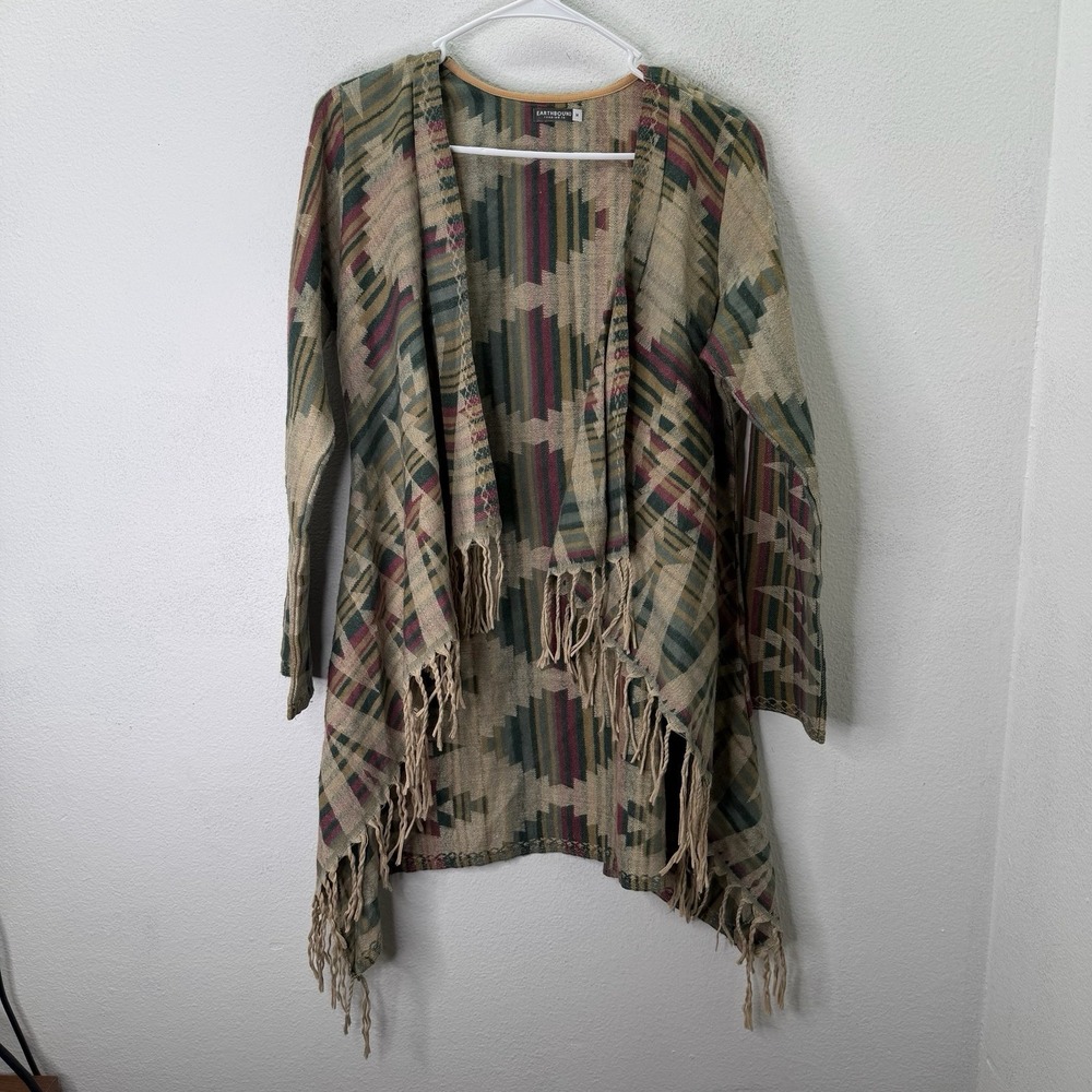 Earthbound Trading Co Boho Tribal Cardigan Size M Fringe Southwestern Aztec